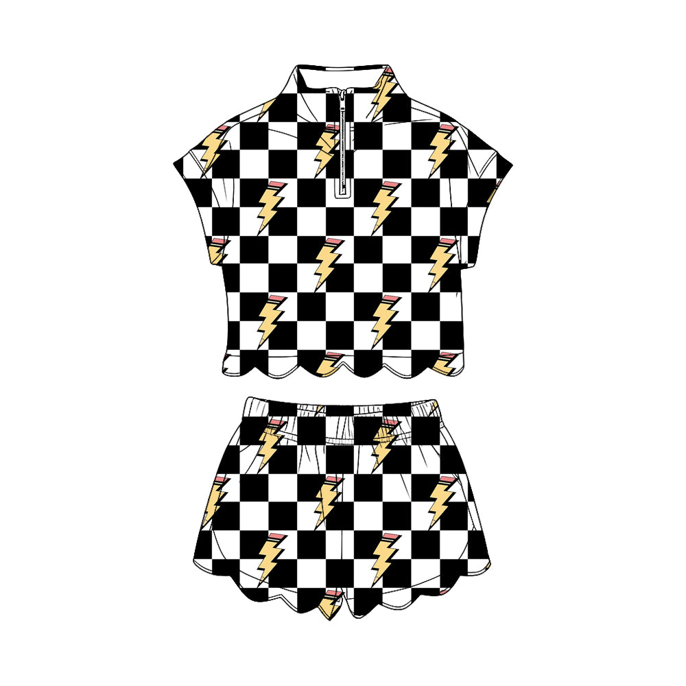 Black checkered short sleeve pullover top matching shorts girl summer outfit preorder