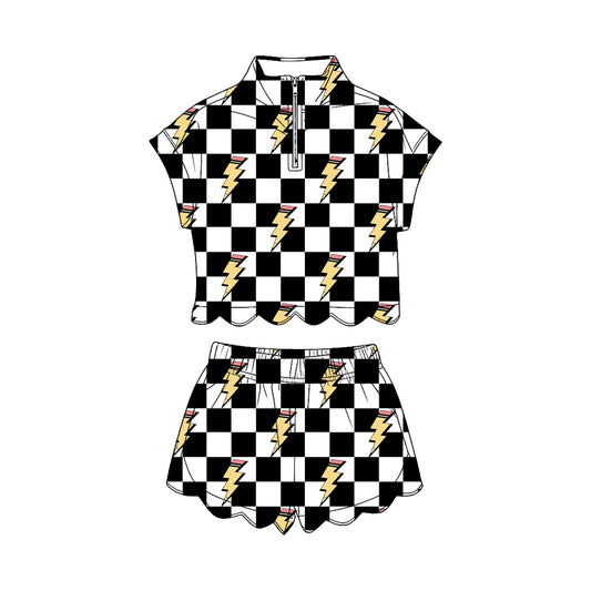 Black checkered short sleeve pullover top matching shorts girl summer outfit preorder