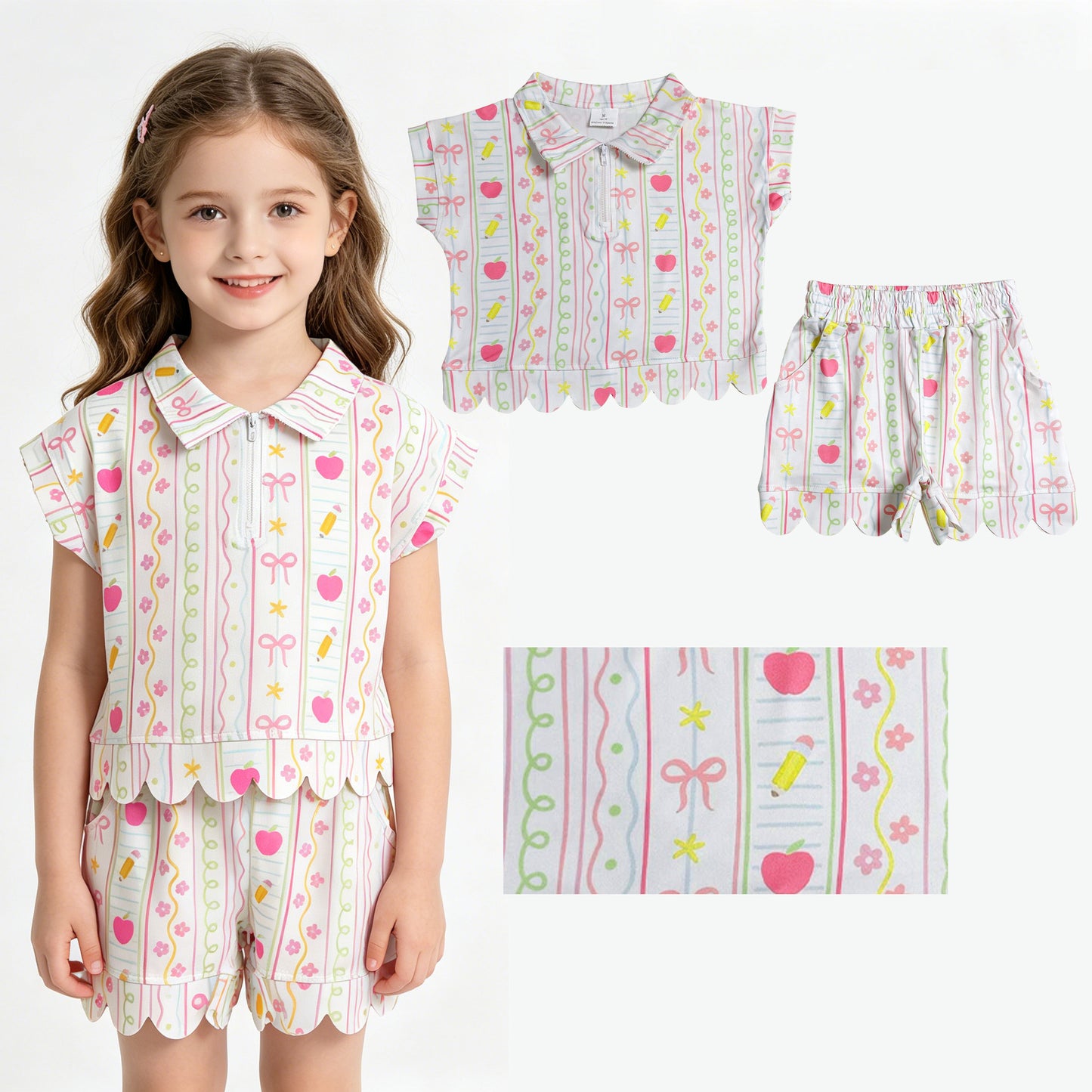 Back to school short sleeve pullover top matching shorts girl summer outfit