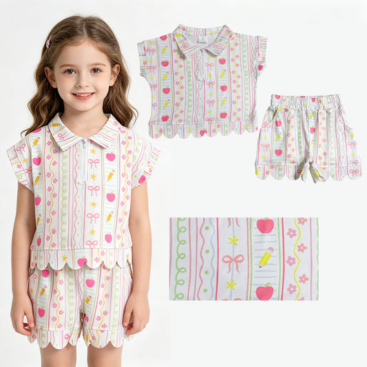 Back to school short sleeve pullover top matching shorts girl summer outfit