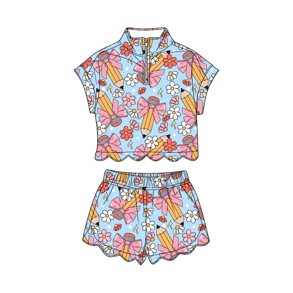 Back to school short sleeve pullover top matching shorts girl summer outfit preorder