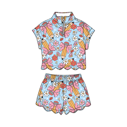 Back to school short sleeve pullover top matching shorts girl summer outfit preorder