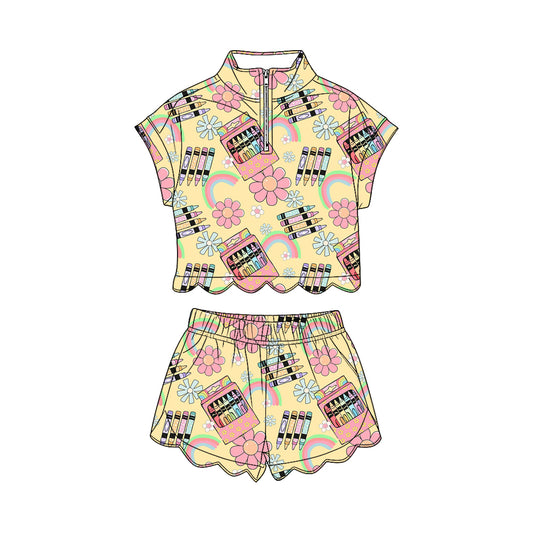 Back to school short sleeve pullover top matching shorts girl summer outfit preorder