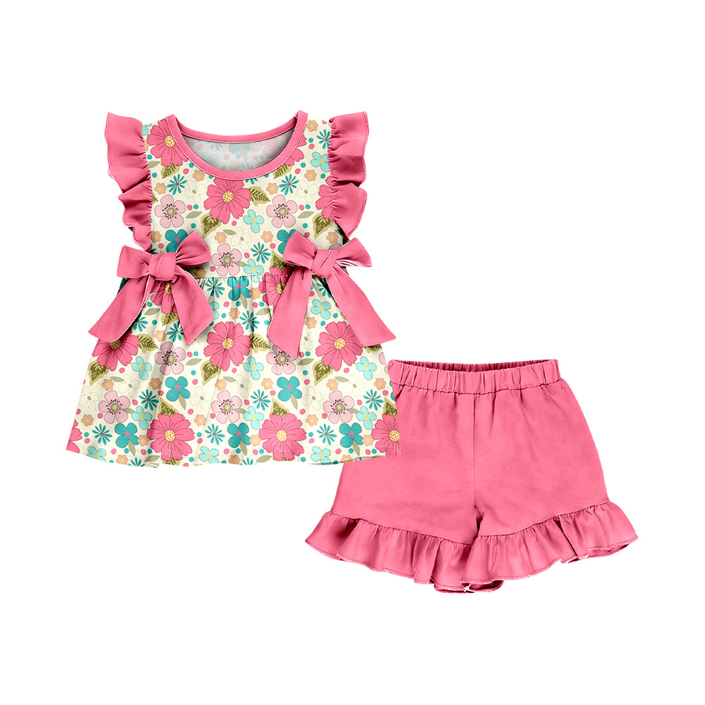 Pink flowers top matching shorts girl summer outfit preorder