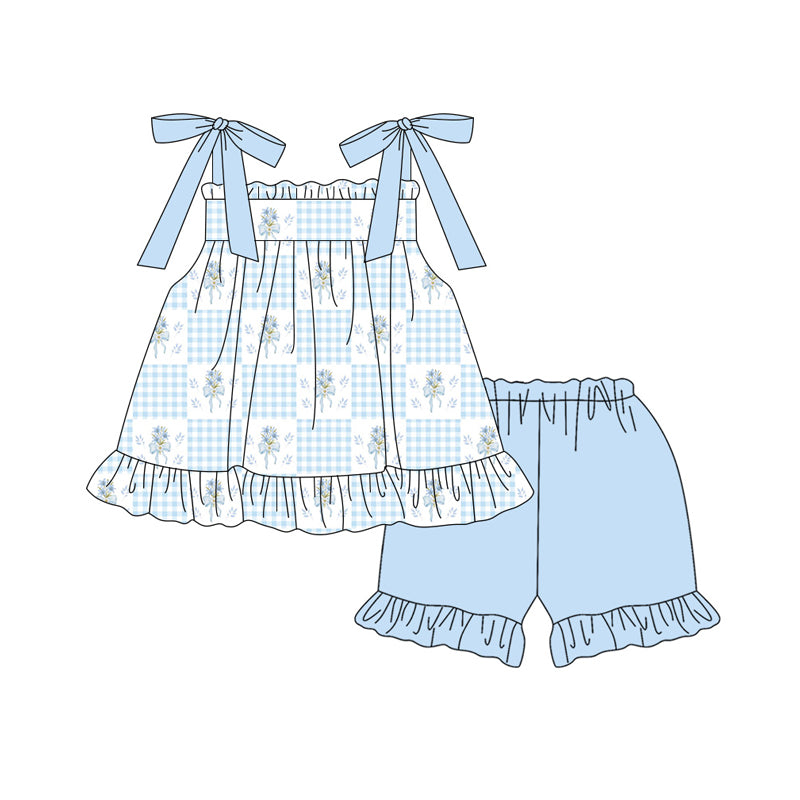 Blue plaid floral top matching shorts girl summer outfit preorder