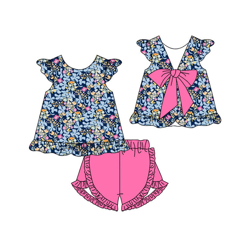 Blue flowers top matching shorts girl summer outfit preorder
