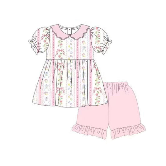 Pink flowers top matching shorts girls summer outfit preorder