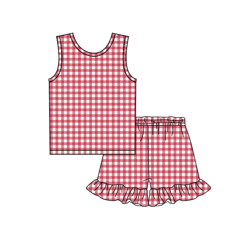 Red plaid top matching shorts girls summer  outfit preorder