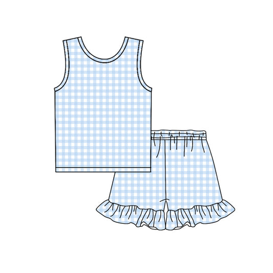Blue plaid top matching shorts girls summer  outfit preorder