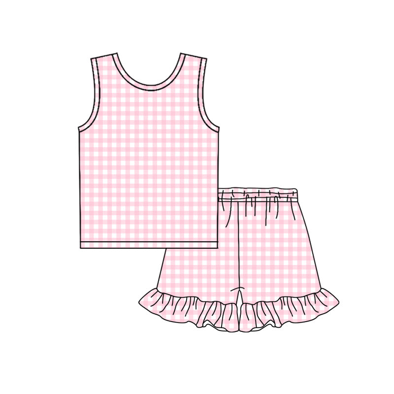 Pink plaid top matching shorts girls summer  outfit preorder
