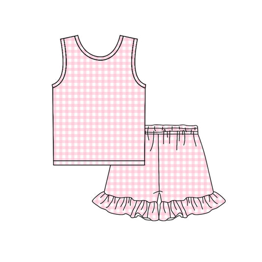 Pink plaid top matching shorts girls summer  outfit preorder