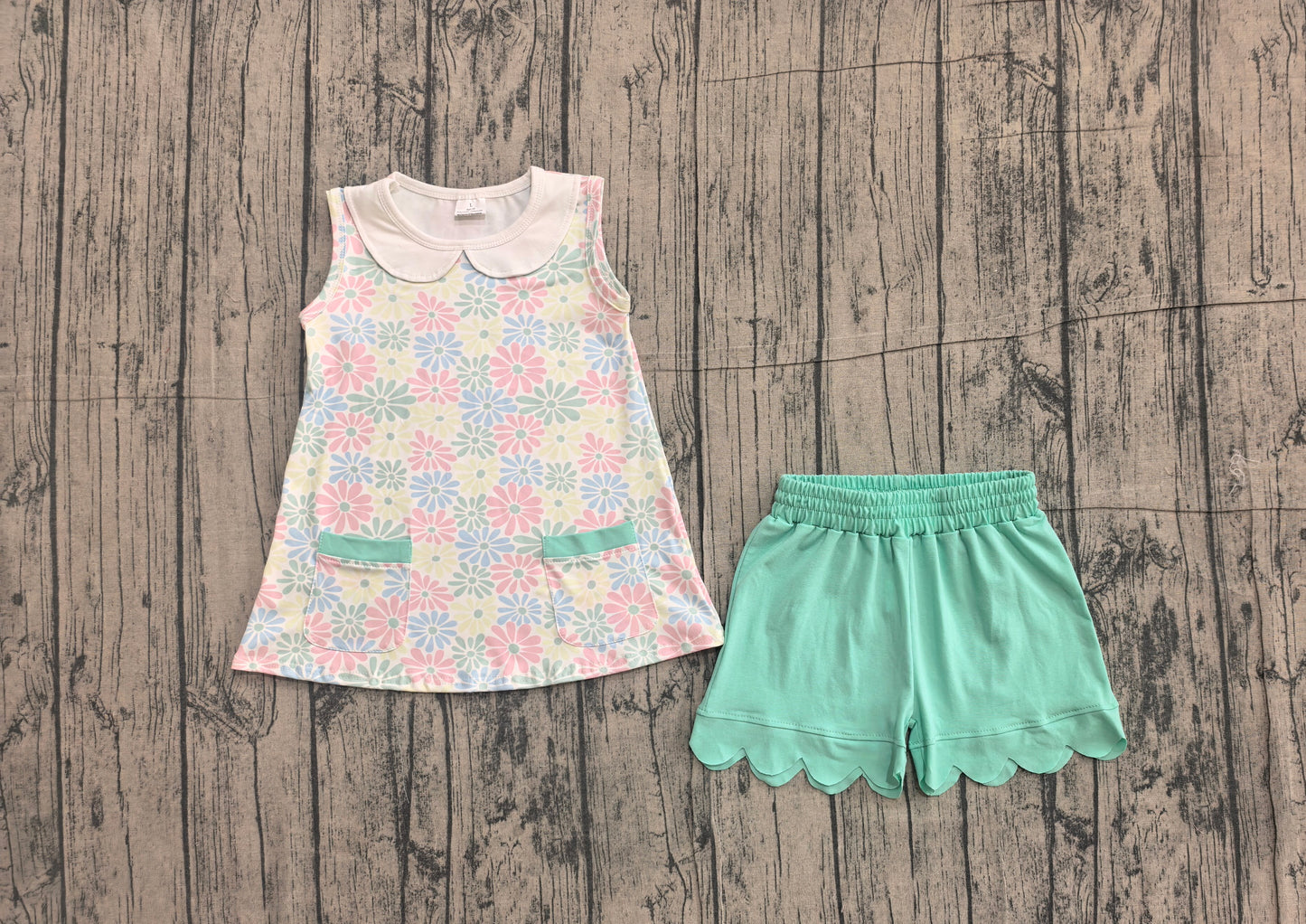 Pink green flowers top matching shorts toddle baby girl outfit preorder