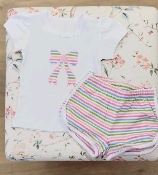 Colorful bow top matching shorts toddle baby girl outfit preorder