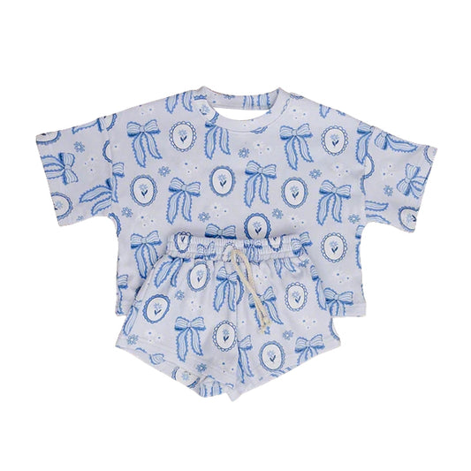 Blue bow top matching shorts toddle baby girl outfit preorder