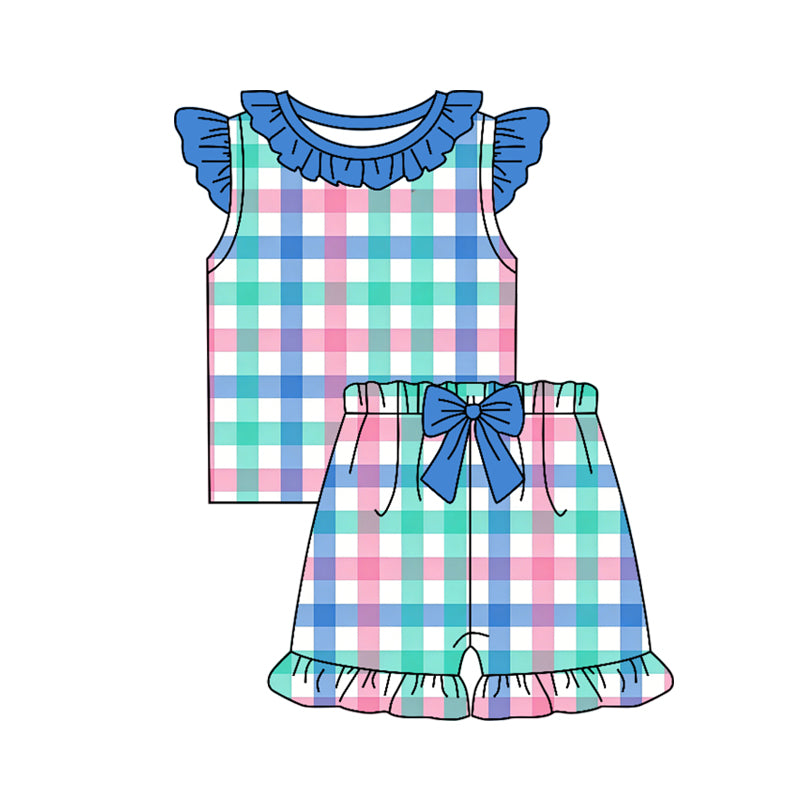 Green blue plaid top matching shorts toddle baby girl outfit preorder