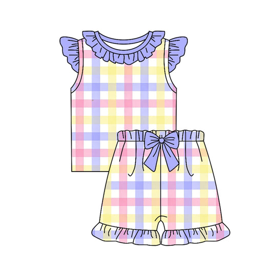 Purple yellow plaid top matching shorts toddle baby girl outfit preorder