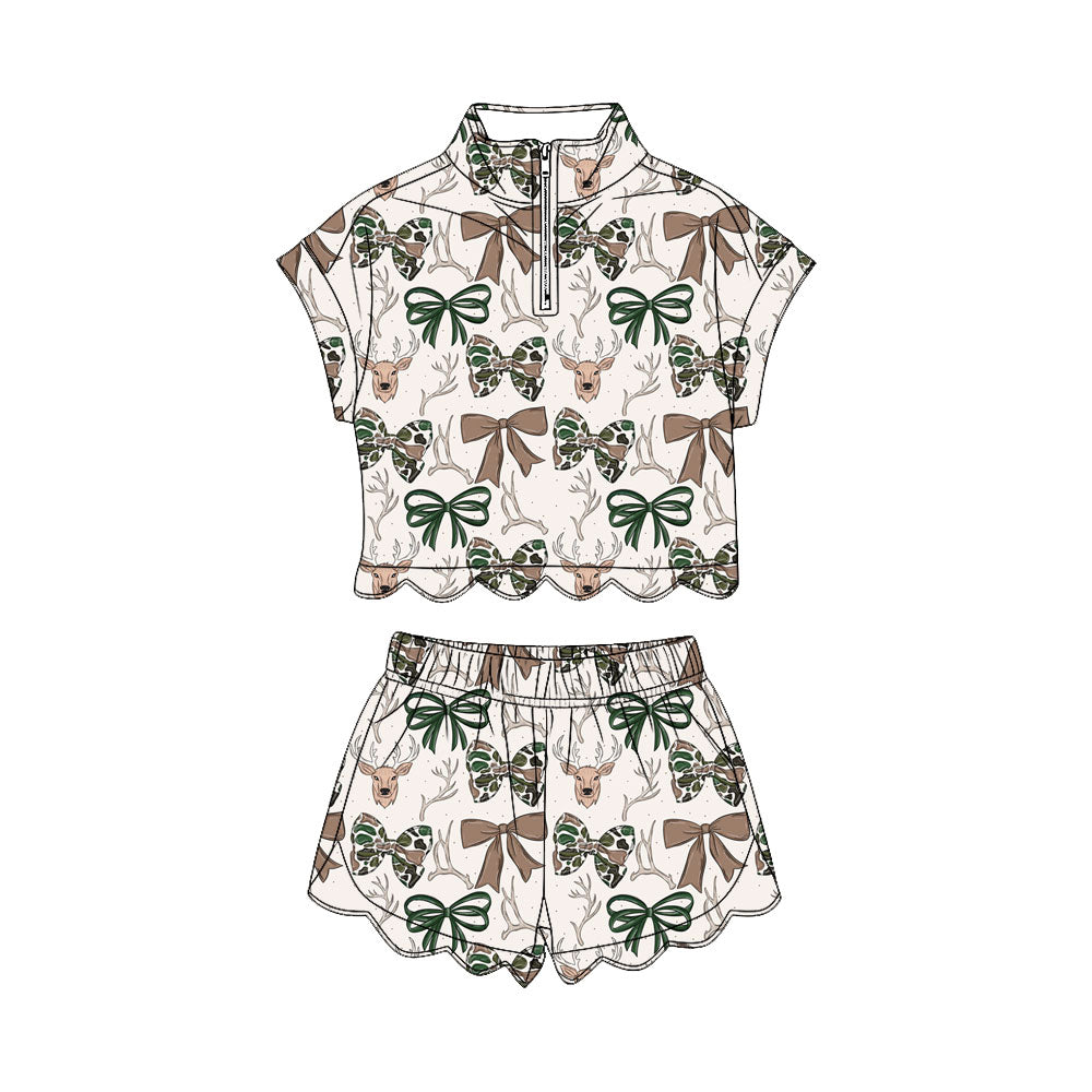 Green camo bow deer pullover op matching shorts toddle baby girl outfit preorder