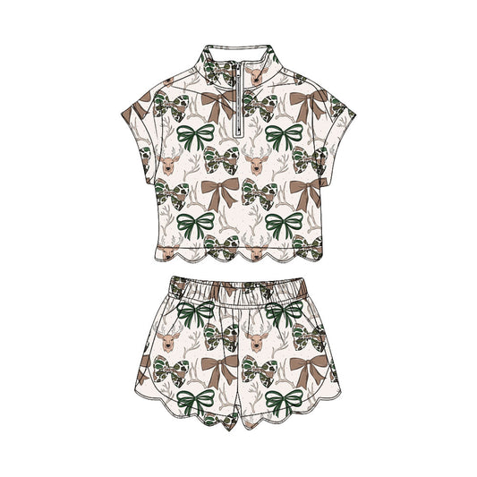 Green camo bow deer pullover op matching shorts toddle baby girl outfit preorder