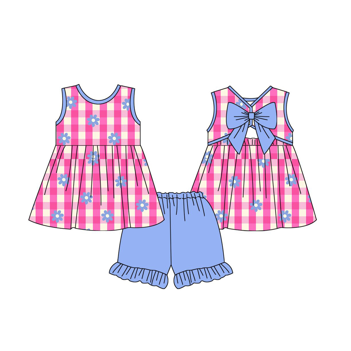 Blue flowers pink plaid top matching shorts toddle baby girl outfit preorder