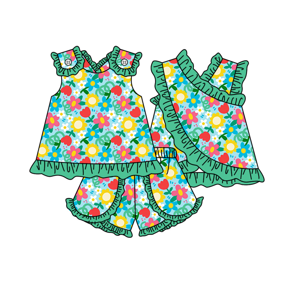 Red yellow flowers top matching shorts girls summer outfit preorder