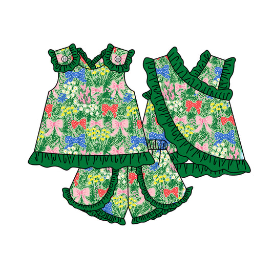 Red pink bow top matching shorts girls summer outfit preorder