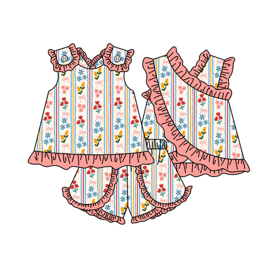 Red pink flowers print top matching shorts girls summer outfit preorder