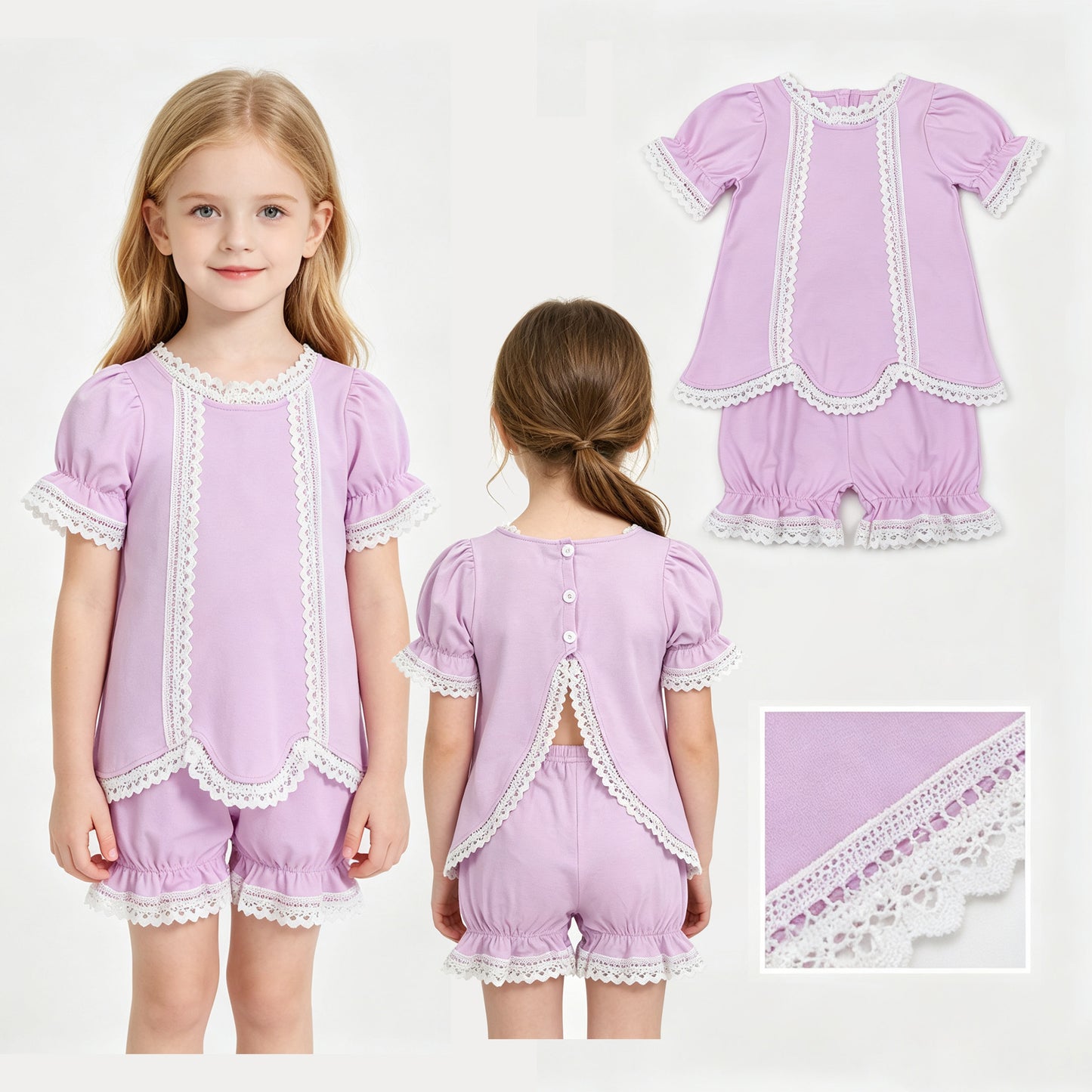Lavender color lace ruffle top matching shorts girls summer outfit