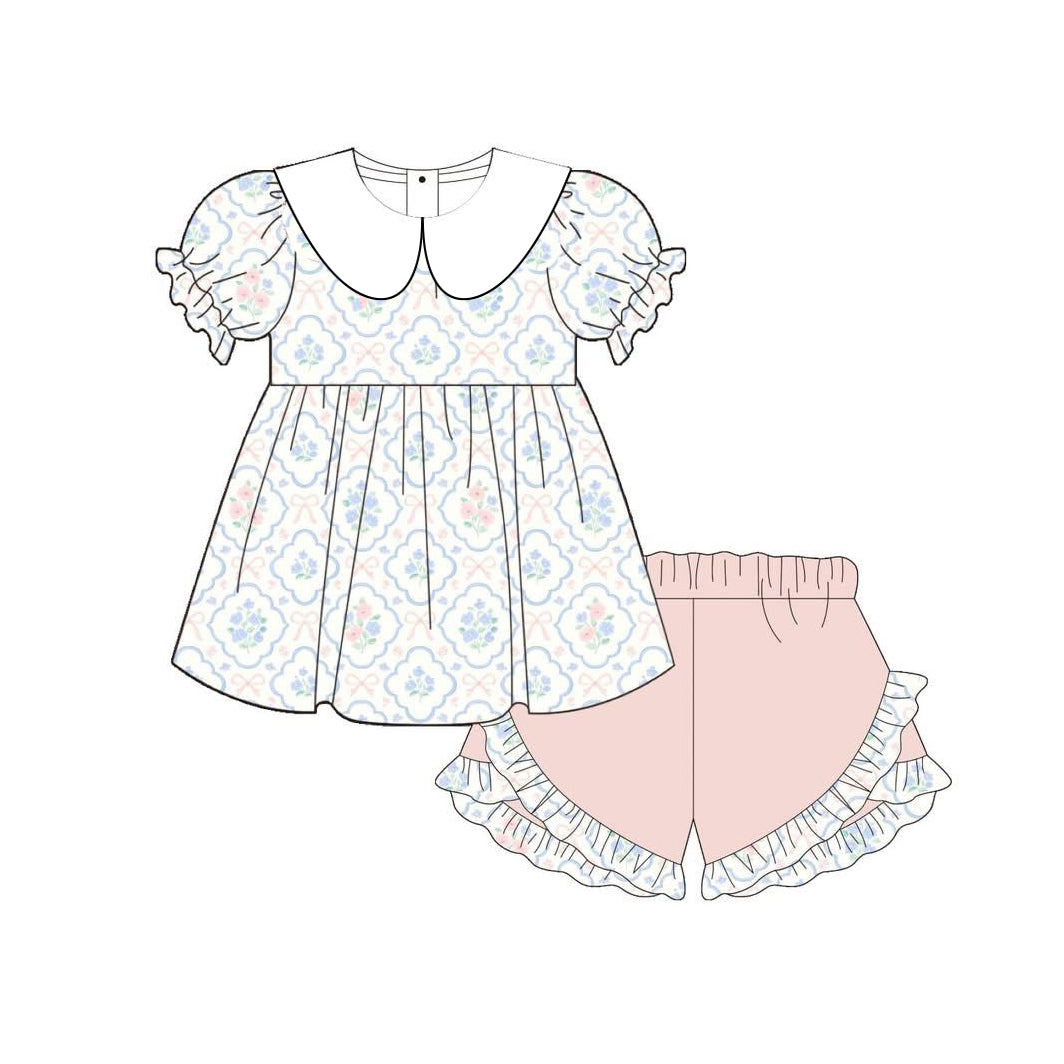 Pink Blue Flowers top matching shorts girls summer outfit preorder