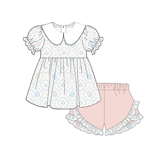 Pink Blue Flowers top matching shorts girls summer outfit preorder