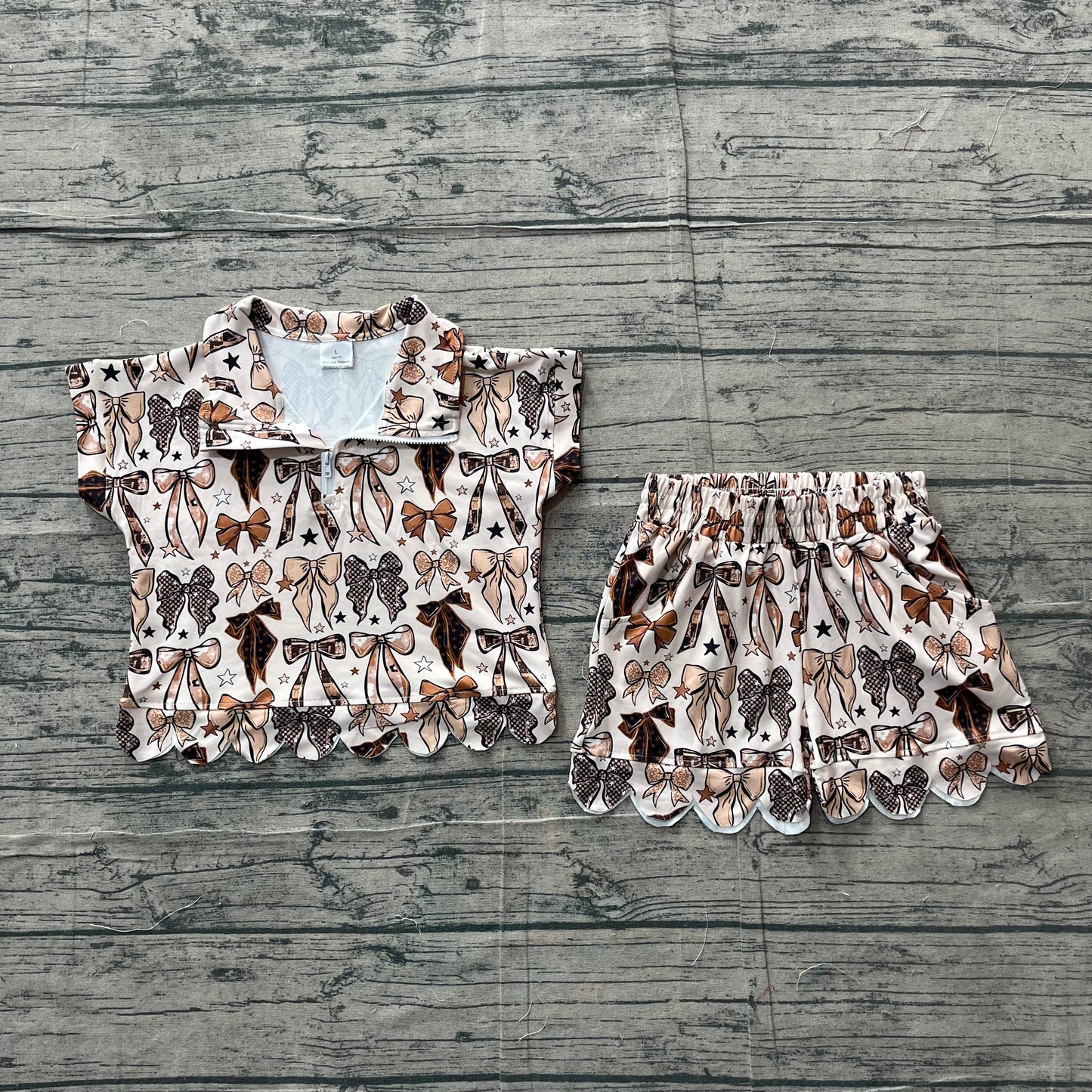 Brown Bows top matching shorts girl summer outfit preorder
