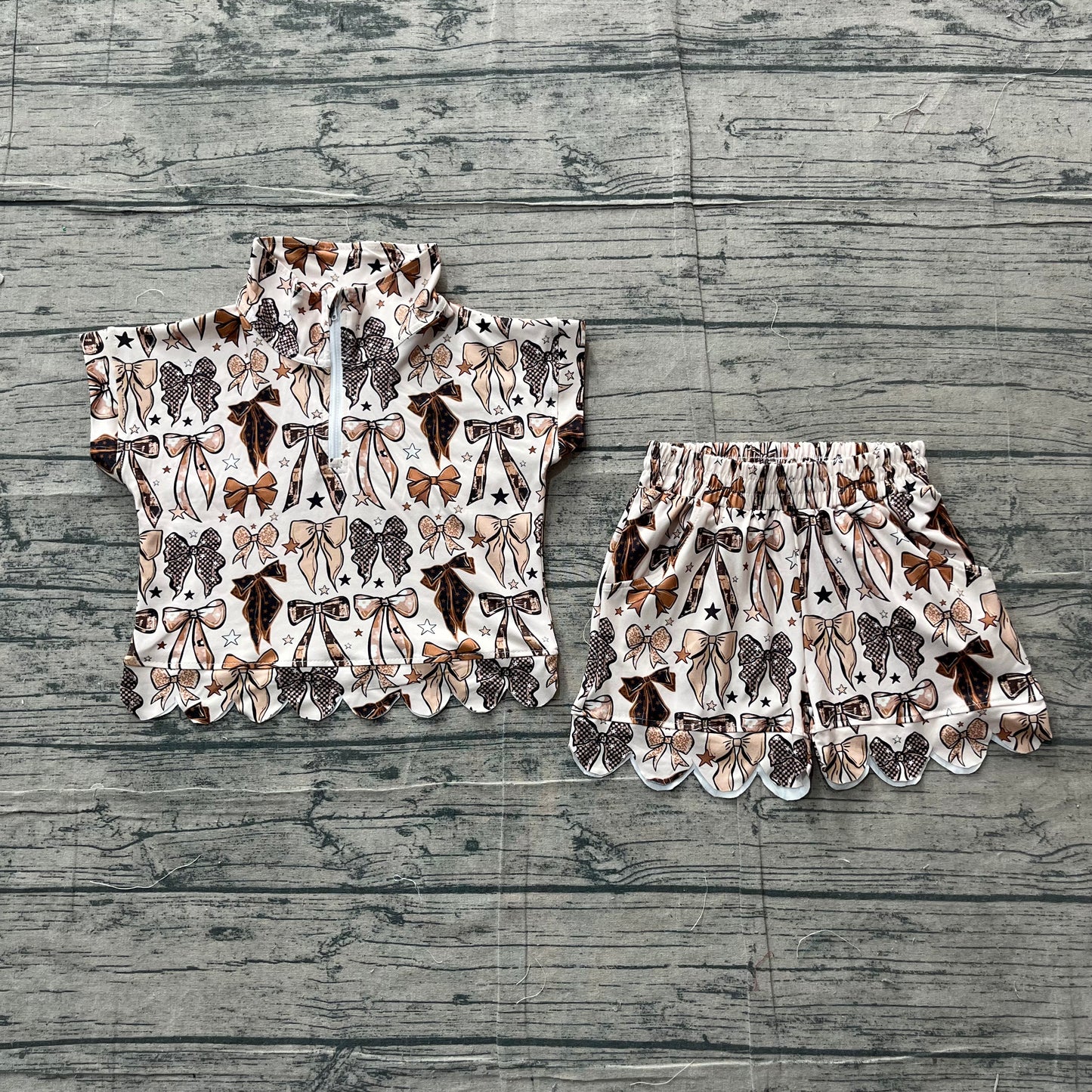 Brown Bows top matching shorts girl summer outfit preorder