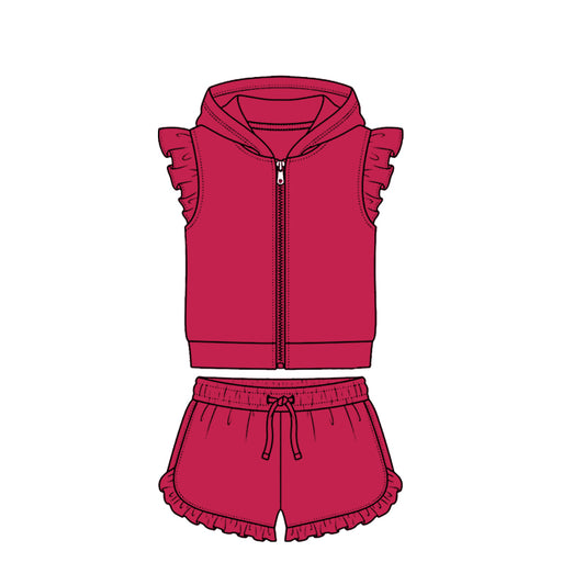 Red zip hoodie top matching shorts girls summer set preorder