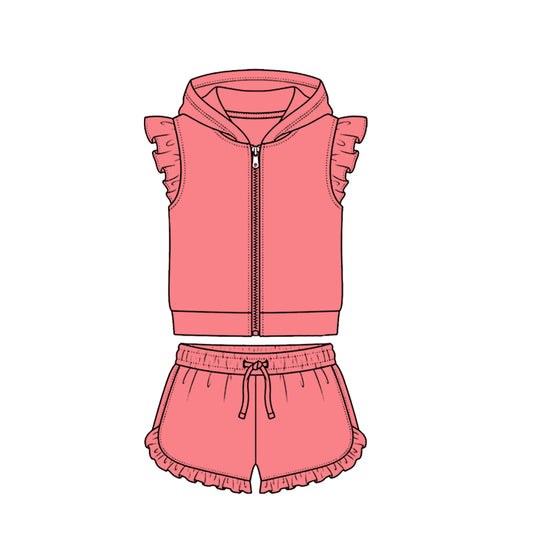 Coral zip hoodie top matching shorts girls summer set preorder