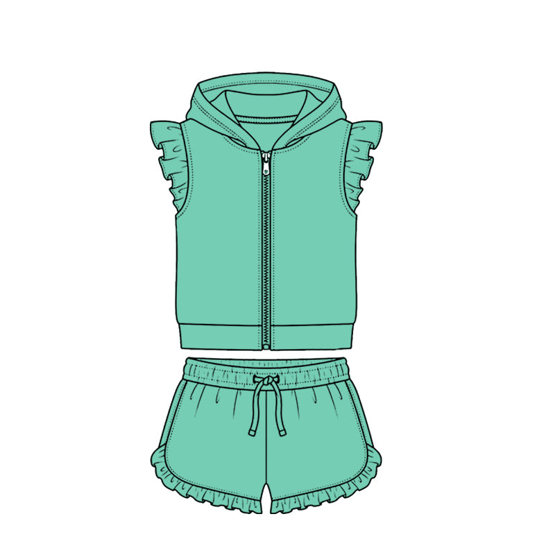 Green zip hoodie top matching shorts girls summer set preorder