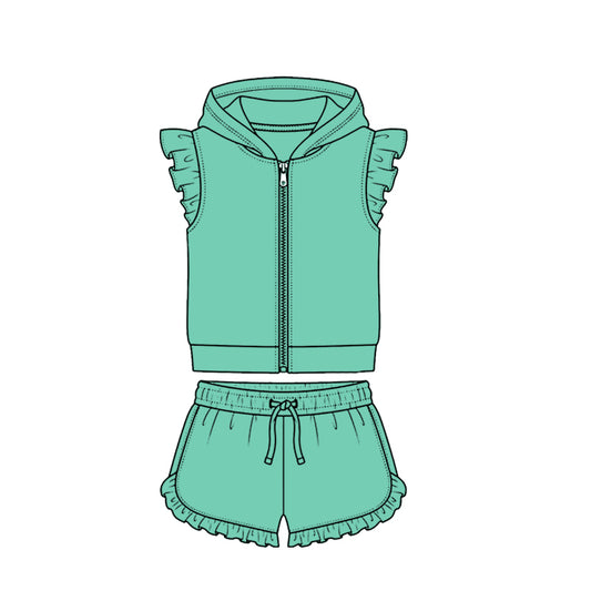 Green zip hoodie top matching shorts girls summer set preorder