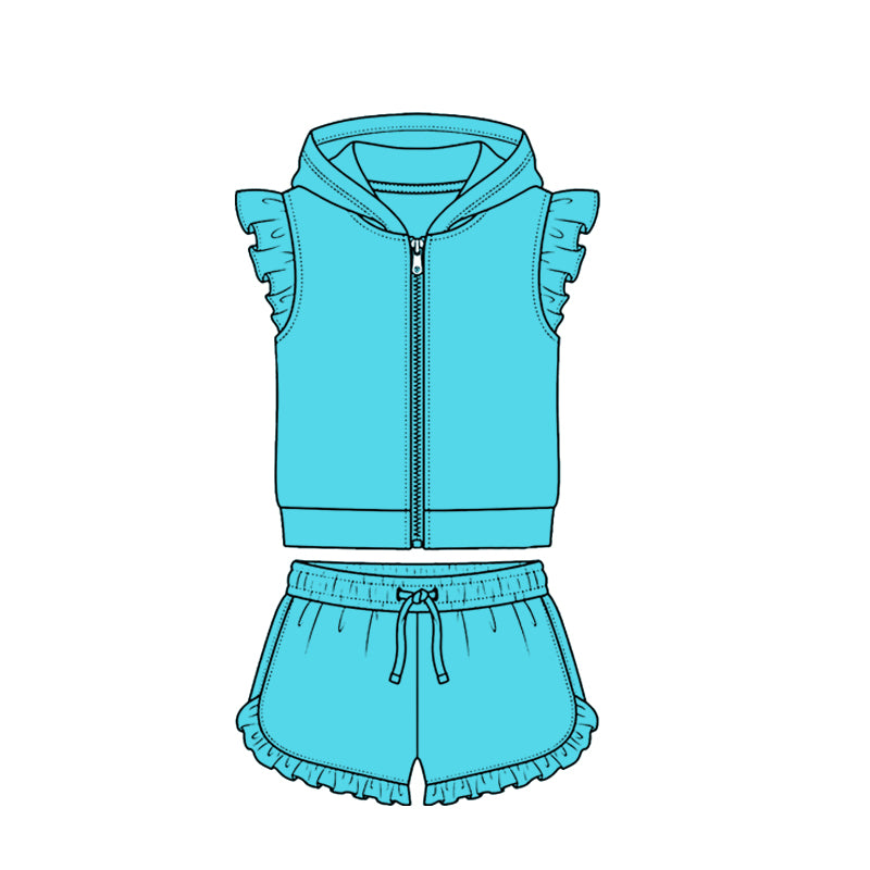 Dark Blue zip hoodie top matching shorts girls summer set preorder