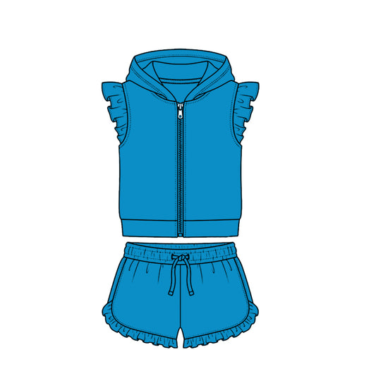 Dark Blue zip hoodie top matching shorts girls summer set preorder