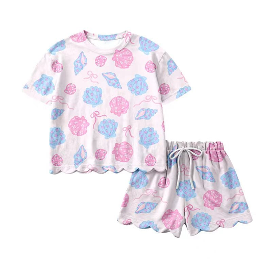 Pink blue Scallop top matching shorts girls summer outfit preorder