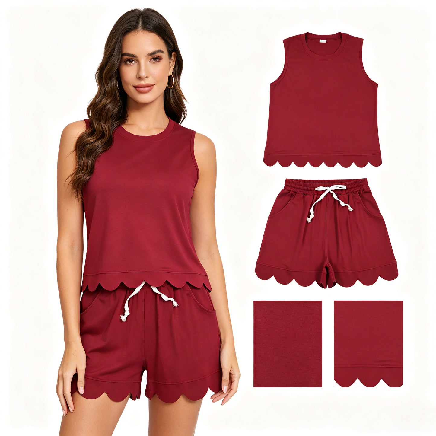 Adult Women wine red top matching shorts summer outfit