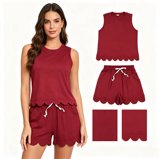 Adult Women wine red top matching shorts summer outfit