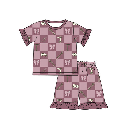 Pink bow tool design top matching shorts girls summer outfit preorder