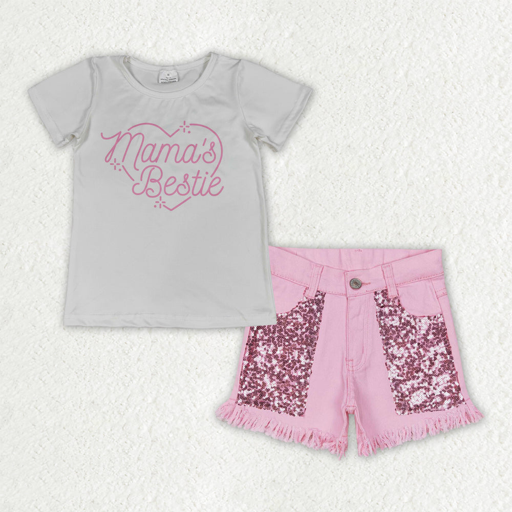 Mamas Bestie Girls  short-sleeved top sequin denim shorts sets