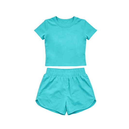 Turquoise color yoga top matching shorts girls summer outfit preorder