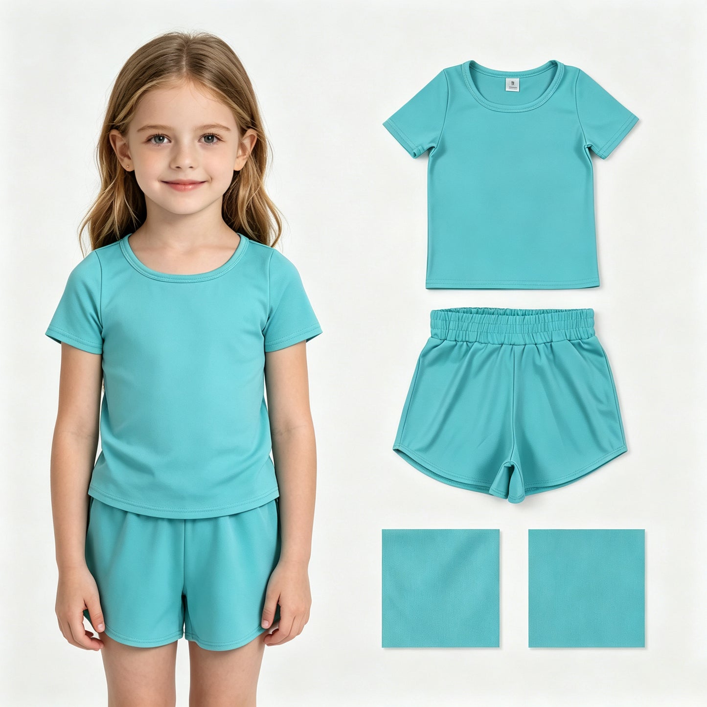 Turquoise color yoga top matching shorts girls summer outfit