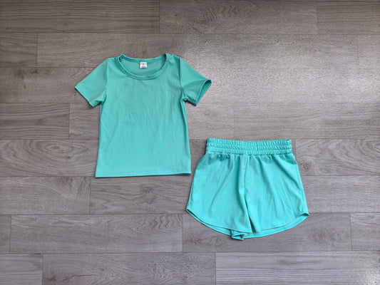 Turquoise color yoga top matching shorts girls summer outfit preorder