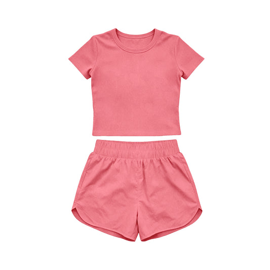 Coral  color yoga top matching shorts girls summer outfit preorder