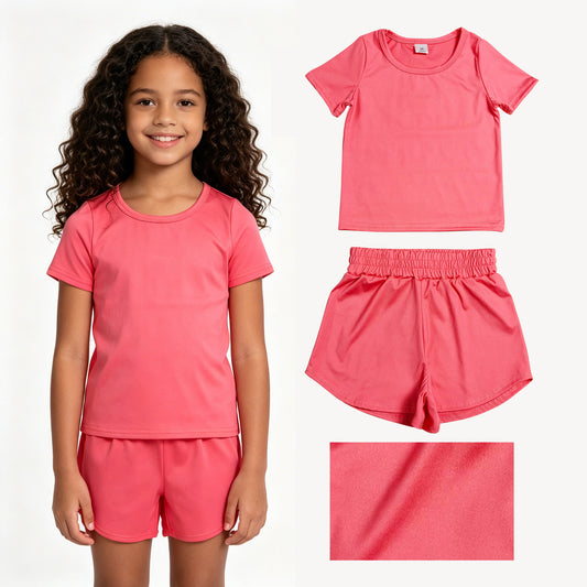 Coral  color yoga top matching shorts girls summer outfit