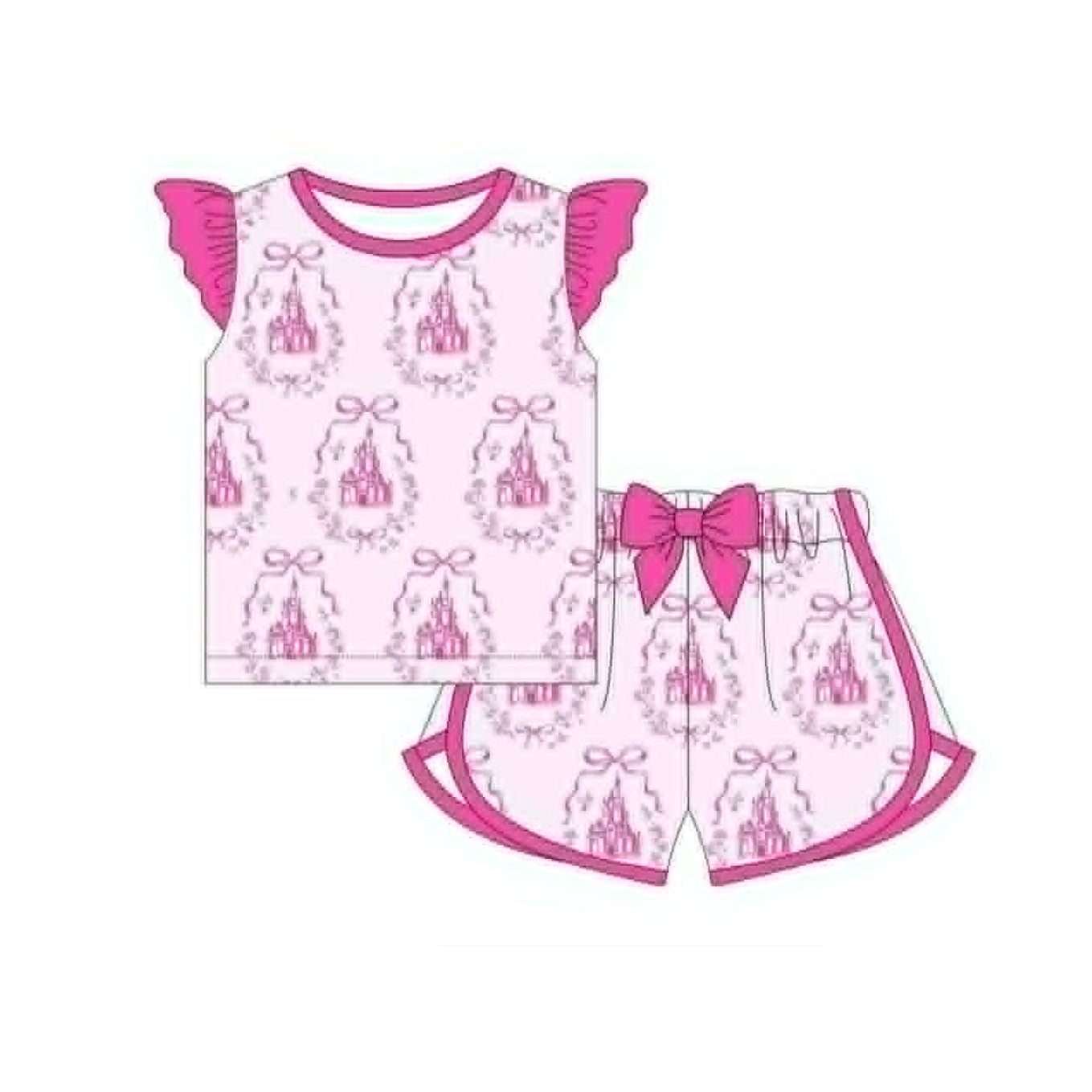 Pink castle top matching shorts girls summer outfit preorder