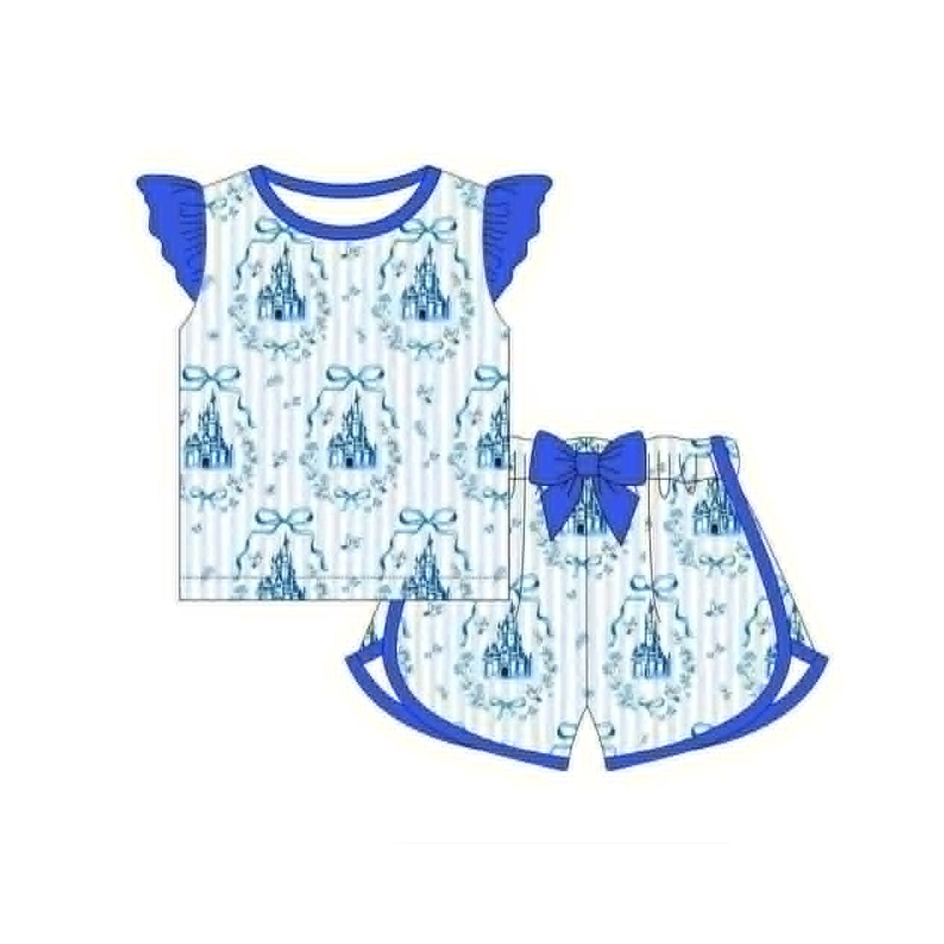 Blue castle top matching shorts girls summer outfit preorder