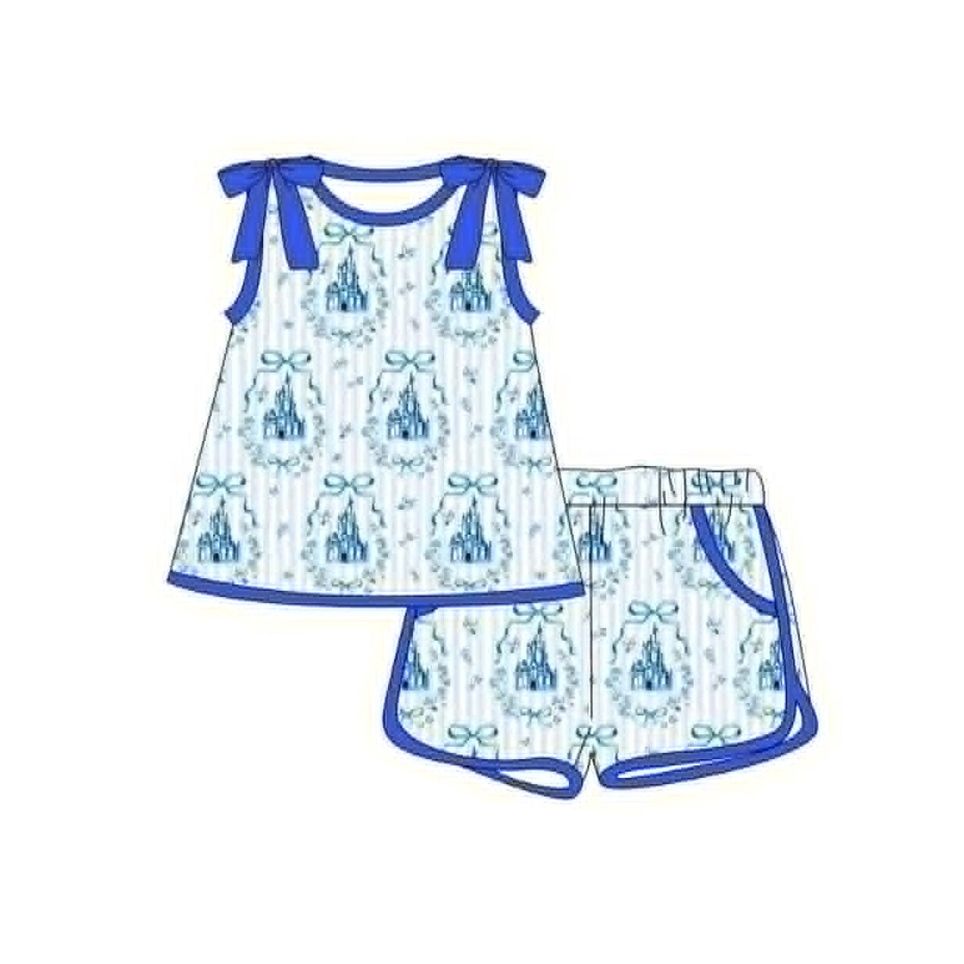 Blue castle top matching shorts girls summer outfit preorder